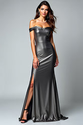 Dunkelgraues Schulterfreies Ballkleid aus Metallic-Satin mit Schlitz